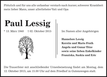 Traueranzeige von Paul Lessig  von Magdeburger Volksstimme