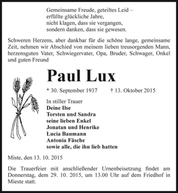 Traueranzeige von Paul Lux  von Magdeburger Volksstimme