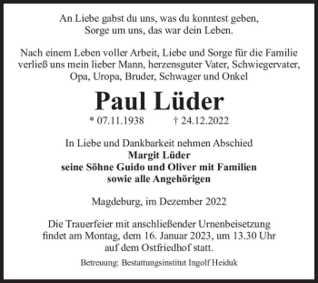 Traueranzeige von Paul Lüder  von Magdeburger Volksstimme