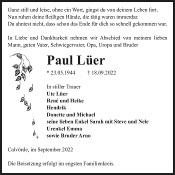 Traueranzeige von Paul Lüer  von Magdeburger Volksstimme