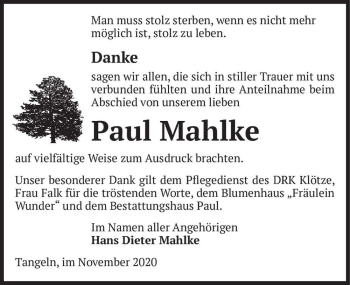 Traueranzeige von Paul Mahlke  von Magdeburger Volksstimme