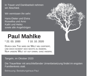 Traueranzeige von Paul Mahlke  von Magdeburger Volksstimme