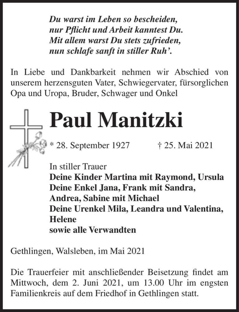  Traueranzeige für Paul Manitzki  vom 29.05.2021 aus Magdeburger Volksstimme
