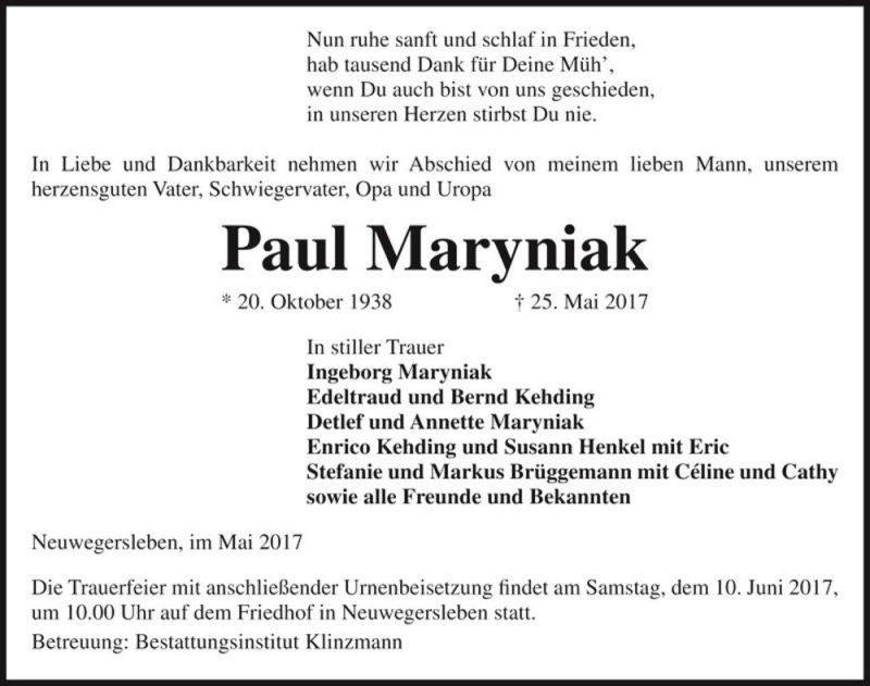  Traueranzeige für Paul Maryniak  vom 31.05.2017 aus Magdeburger Volksstimme