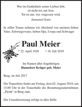 Traueranzeige von Paul Meier  von Magdeburger Volksstimme
