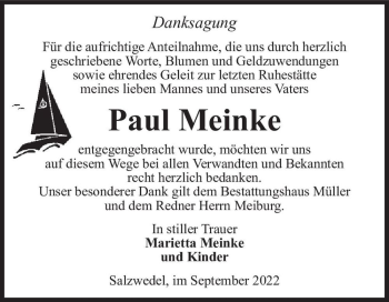 Traueranzeige von Paul Meinke  von Magdeburger Volksstimme