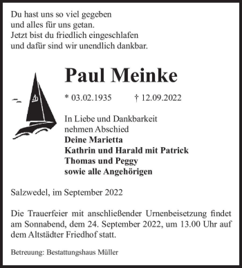 Traueranzeige von Paul Meinke  von Magdeburger Volksstimme