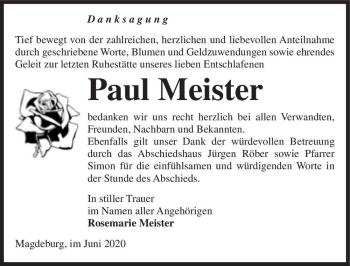 Traueranzeige von Paul Meister  von Magdeburger Volksstimme