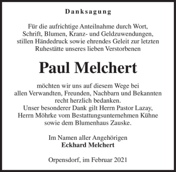 Traueranzeige von Paul Melchert  von Magdeburger Volksstimme