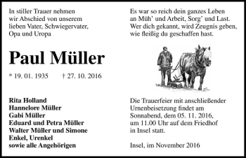 Traueranzeige von Paul Müller  von Magdeburger Volksstimme