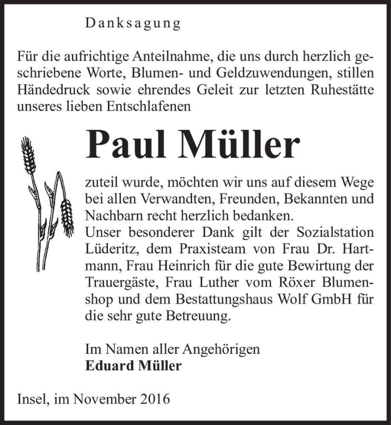  Traueranzeige für Paul Müller  vom 11.11.2016 aus Magdeburger Volksstimme