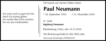 Traueranzeige von Paul Neumann  von Magdeburger Volksstimme
