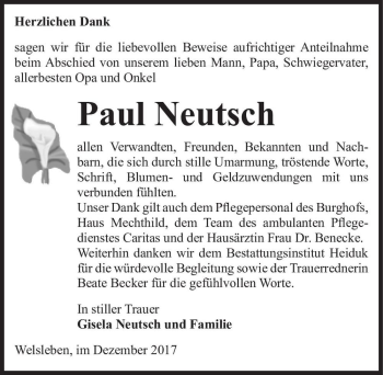 Traueranzeige von Paul Neutsch  von Magdeburger Volksstimme