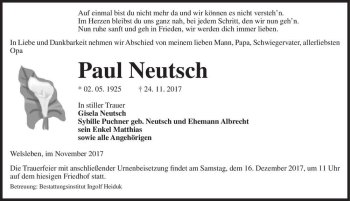 Traueranzeige von Paul Neutsch  von Magdeburger Volksstimme
