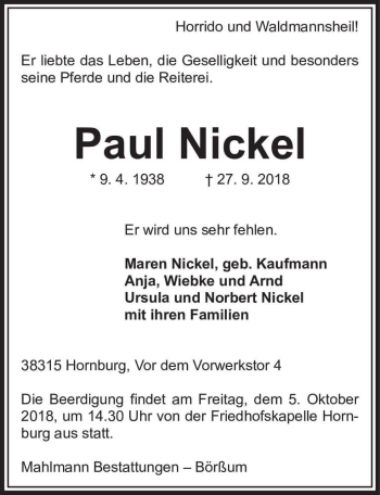 Traueranzeige von Paul Nickel  von Magdeburger Volksstimme