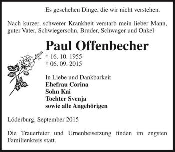 Traueranzeige von Paul Offenbecher  von Magdeburger Volksstimme