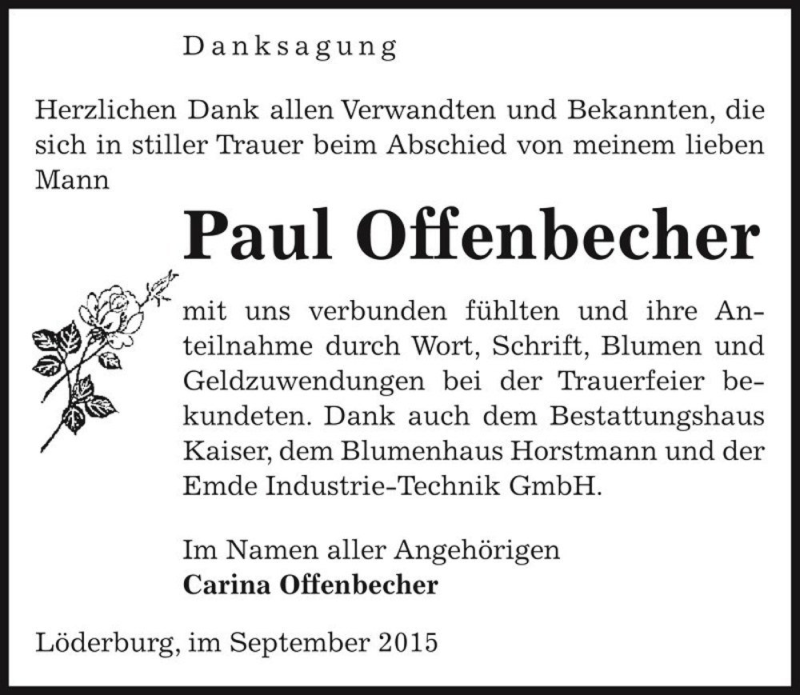 Traueranzeige für Paul Offenbecher  vom 10.10.2015 aus Magdeburger Volksstimme
