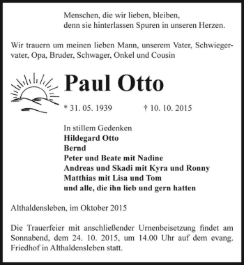 Traueranzeige von Paul Otto  von Magdeburger Volksstimme