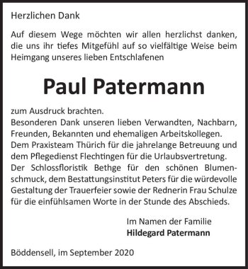 Traueranzeige von Paul Patermann  von Magdeburger Volksstimme