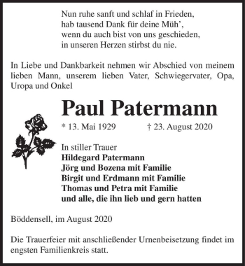 Traueranzeige von Paul Patermann  von Magdeburger Volksstimme