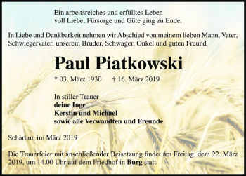 Traueranzeige von Paul Piatkowski  von Magdeburger Volksstimme