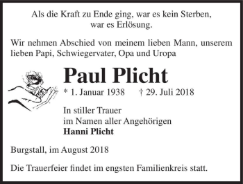 Traueranzeige von Paul Plicht  von Magdeburger Volksstimme
