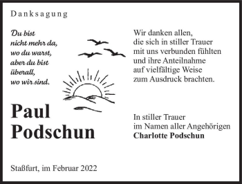 Traueranzeige von Paul Podschun  von Magdeburger Volksstimme