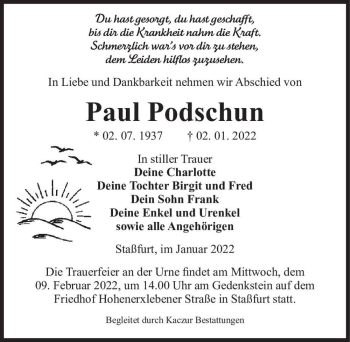 Traueranzeige von Paul Podschun  von Magdeburger Volksstimme