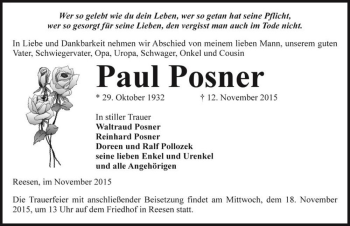 Traueranzeige von Paul Posner  von Magdeburger Volksstimme