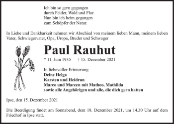 Traueranzeige von Paul Rauhut  von Magdeburger Volksstimme
