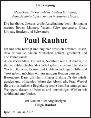 Traueranzeige von Paul Rauhut  von Magdeburger Volksstimme