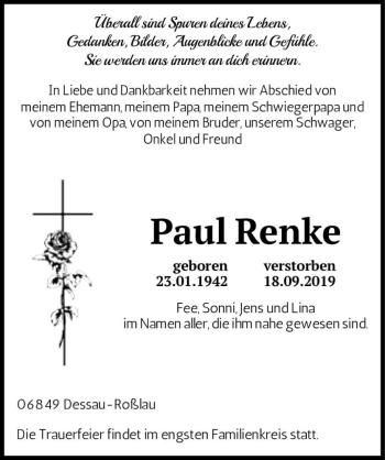 Traueranzeige von Paul Renke  von Magdeburger Volksstimme