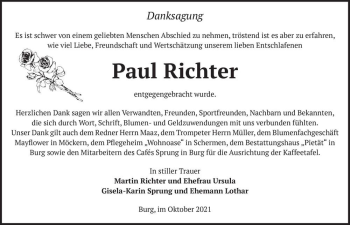 Traueranzeige von Paul Richter  von Magdeburger Volksstimme