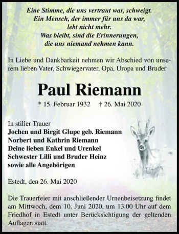 Traueranzeige von Paul Riemann  von Magdeburger Volksstimme
