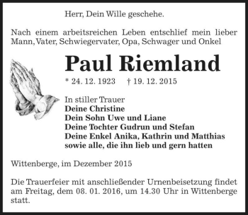 Traueranzeige von Paul Riemland  von Magdeburger Volksstimme