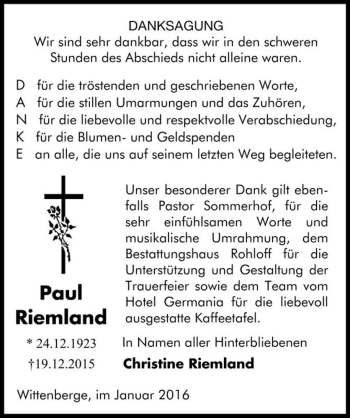 Traueranzeige von Paul Riemland  von Magdeburger Volksstimme