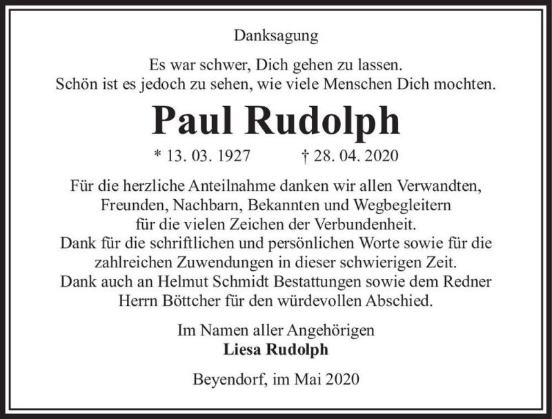  Traueranzeige für Paul Rudolph  vom 30.05.2020 aus Magdeburger Volksstimme