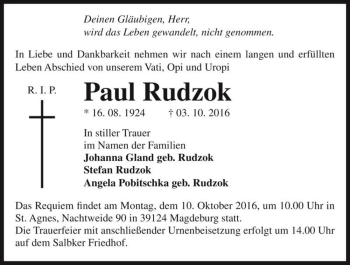 Traueranzeige von Paul Rudzok  von Magdeburger Volksstimme