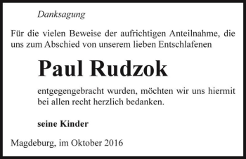 Traueranzeige von Paul Rudzok  von Magdeburger Volksstimme
