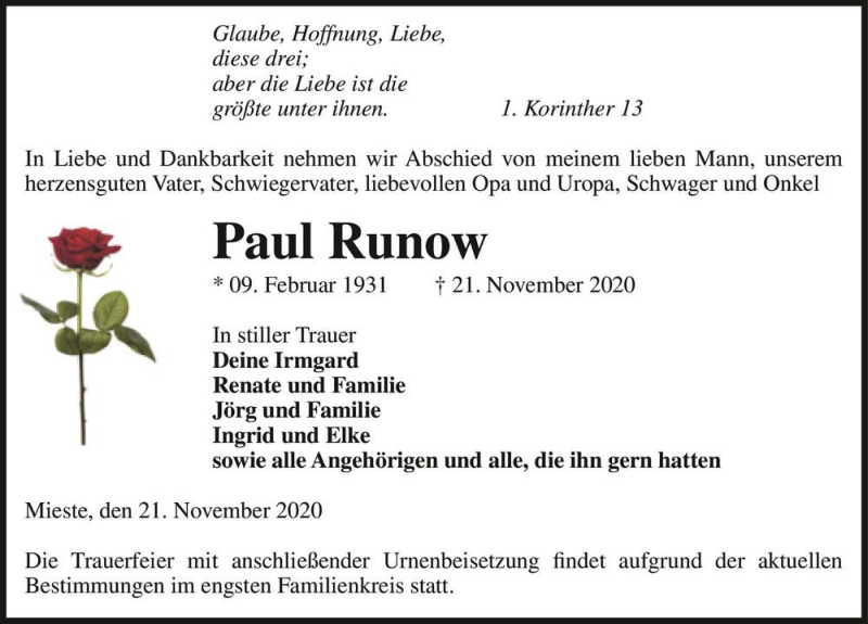  Traueranzeige für Paul Runow  vom 24.11.2020 aus Magdeburger Volksstimme