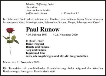 Traueranzeige von Paul Runow  von Magdeburger Volksstimme