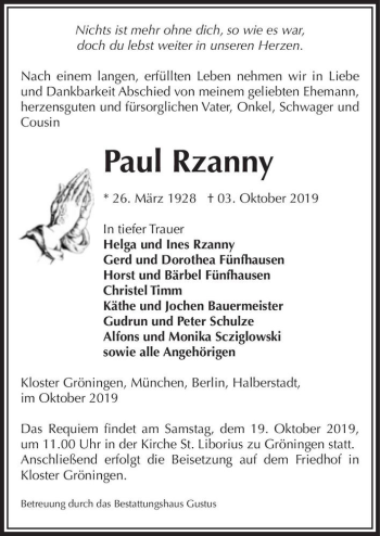 Traueranzeige von Paul Rzanny  von Magdeburger Volksstimme