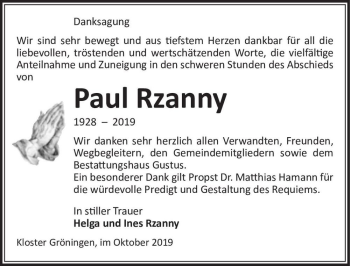 Traueranzeige von Paul Rzanny  von Magdeburger Volksstimme