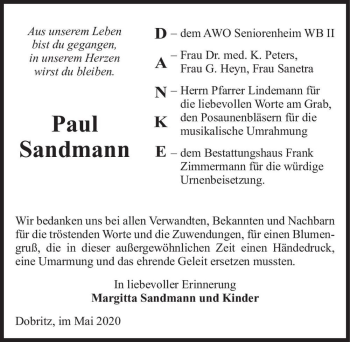 Traueranzeige von Paul Sandmann  von Magdeburger Volksstimme