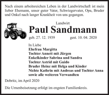 Traueranzeige von Paul Sandmann  von Magdeburger Volksstimme