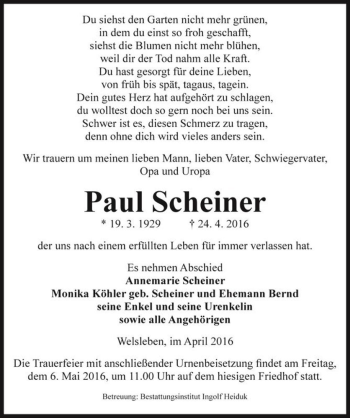 Traueranzeige von Paul Scheiner  von Magdeburger Volksstimme