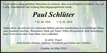 Traueranzeige von Paul Schlüter  von Magdeburger Volksstimme