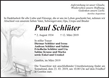 Traueranzeige von Paul Schlüter  von Magdeburger Volksstimme
