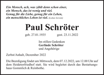Traueranzeige von Paul Schröter  von Magdeburger Volksstimme