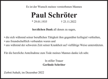 Traueranzeige von Paul Schröter  von Magdeburger Volksstimme